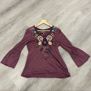 Gently worn Johnny Was purple maroon top with embroidered stitching